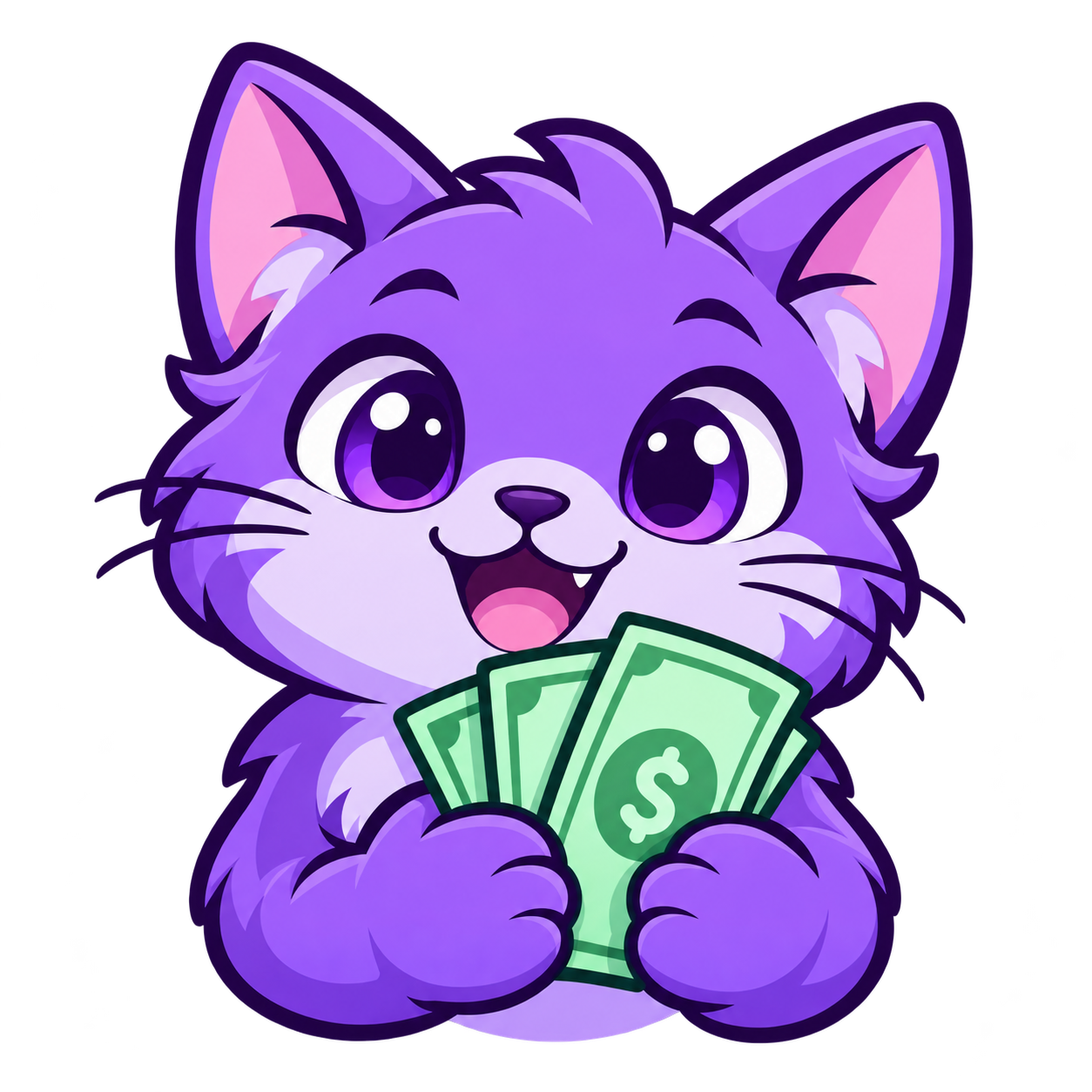 Purple cat holding money